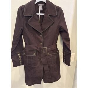 Y2K Womens Trench Coat Brown Belted Button Front Flap Pockets 100% Cotton S